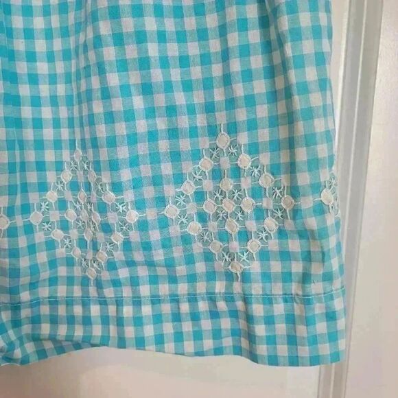 Vtg. Handmade Blue & White Gingham Check Half Apron w White Cross Stitch, Pocket - Picture 5 of 8